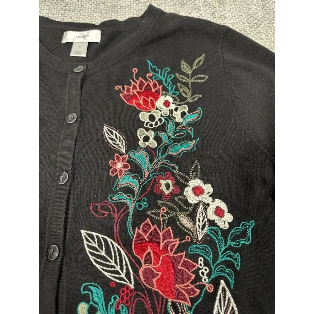 CJ Banks Sweater Womens X Black Cardigan Embroidered Floral 3/4 Sleeve‎